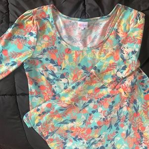 Lularoe L Nicole aqua dress with multi color floral/leaf print